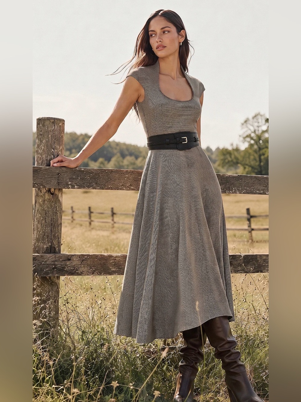 Commense dark brown Scoop-Neck Maxi Dress with Black Belt